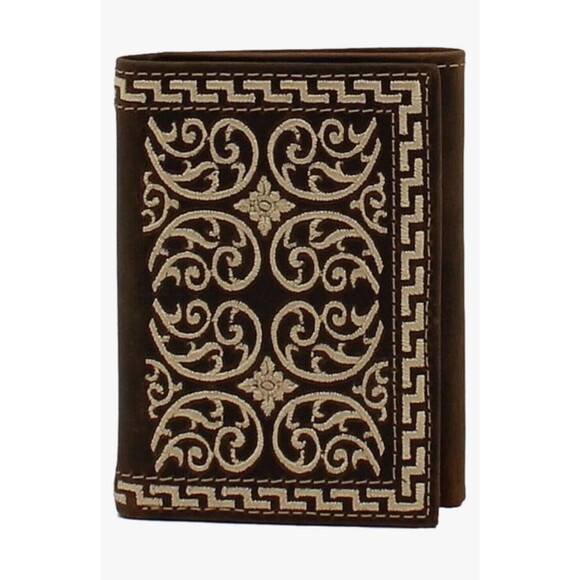 Nocona Men’s Western Trifold Wallet Leather Embroidered Stitch Brown New - Picture 2 of 12